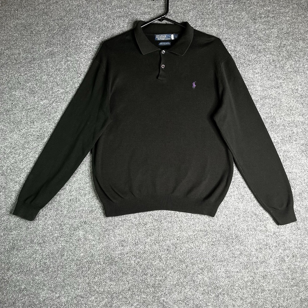 Vintage Polo Ralph Lauren Sweater Men Large Black Pima Cotton Purple Pony Logo